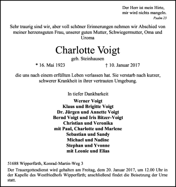 Anzeige von Charlotte Voigt von Kölner Stadt-Anzeiger / Kölnische Rundschau / Express