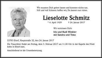 Anzeige von Lieselotte Schmitz von Kölner Stadt-Anzeiger / Kölnische Rundschau / Express