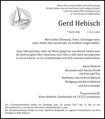 Anzeige von Gerd Hebisch von Kölner Stadt-Anzeiger / Kölnische Rundschau / Express