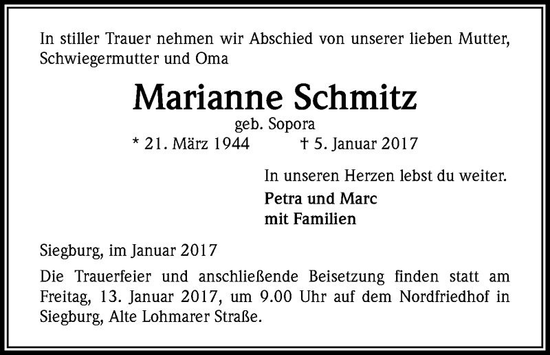  Traueranzeige für Marianne Schmitz vom 11.01.2017 aus Kölner Stadt-Anzeiger / Kölnische Rundschau / Express