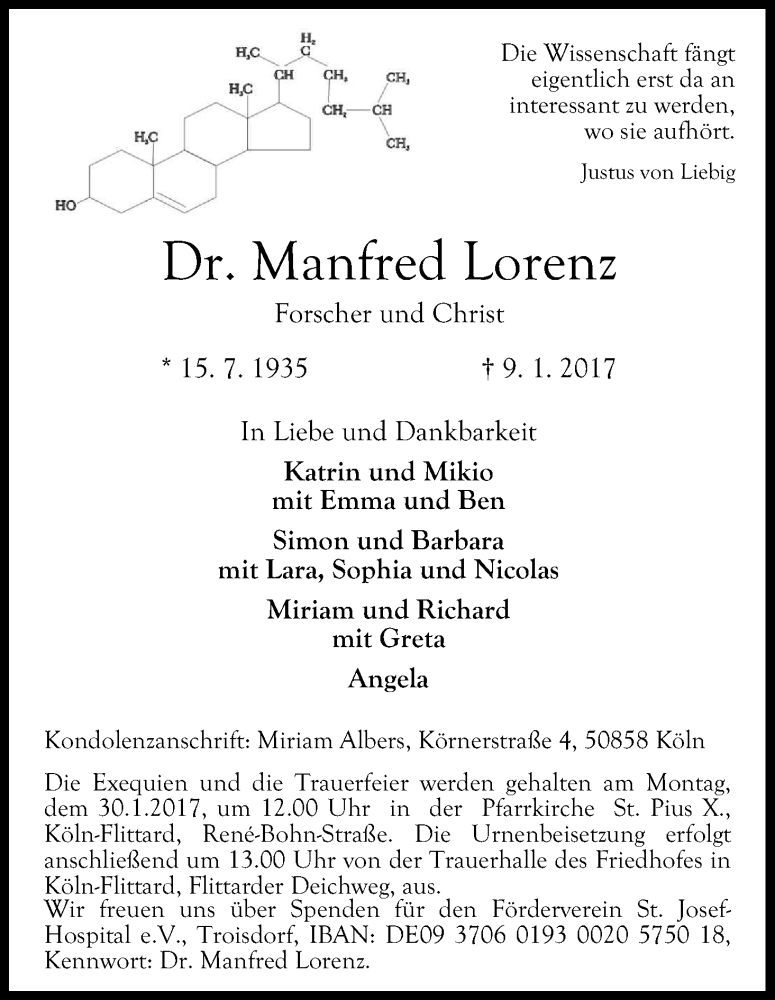  Traueranzeige für Manfred Lorenz vom 21.01.2017 aus Kölner Stadt-Anzeiger / Kölnische Rundschau / Express