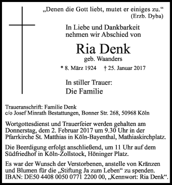 Anzeige von Ria Denk von Kölner Stadt-Anzeiger / Kölnische Rundschau / Express