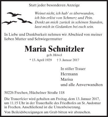 Anzeige von Maria Schnitzler von  Sonntags-Post 