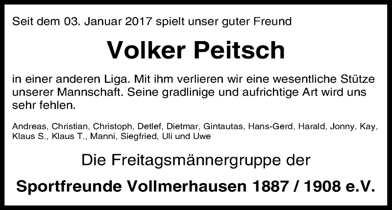  Traueranzeige für Volker Peitsch vom 11.01.2017 aus Kölner Stadt-Anzeiger / Kölnische Rundschau / Express