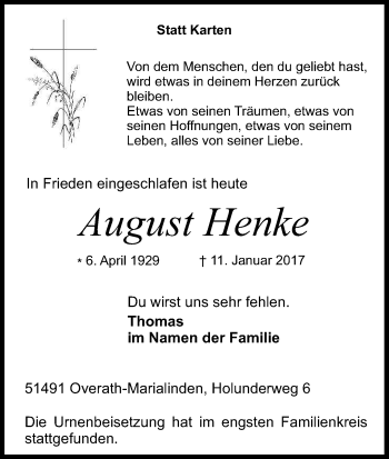 Anzeige von August Henke von Kölner Stadt-Anzeiger / Kölnische Rundschau / Express