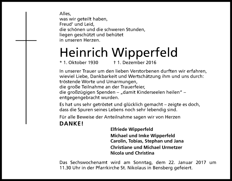  Traueranzeige für Heinrich Wipperfeld vom 14.01.2017 aus Kölner Stadt-Anzeiger / Kölnische Rundschau / Express