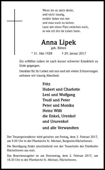 Anzeige von Anna Lipek von Kölner Stadt-Anzeiger / Kölnische Rundschau / Express
