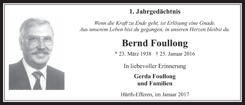  Traueranzeige für Bernd Foullong vom 25.01.2017 aus  Wochenende 