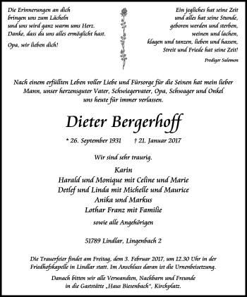 Anzeige von Dieter Bergerhoff von Kölner Stadt-Anzeiger / Kölnische Rundschau / Express