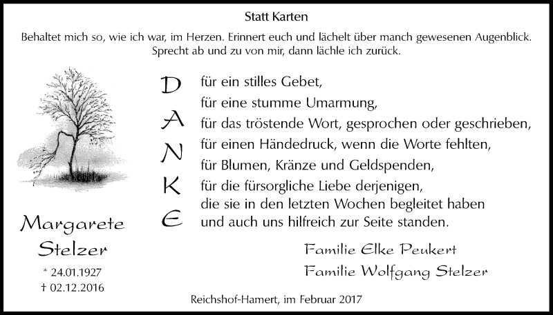  Traueranzeige für Margarete Stelzer vom 01.02.2017 aus  Anzeigen Echo  Lokalanzeiger 