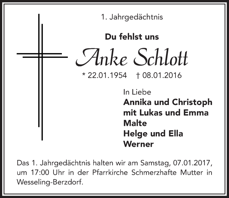  Traueranzeige für Anke Schlott vom 04.01.2017 aus  Schlossbote/Werbekurier 