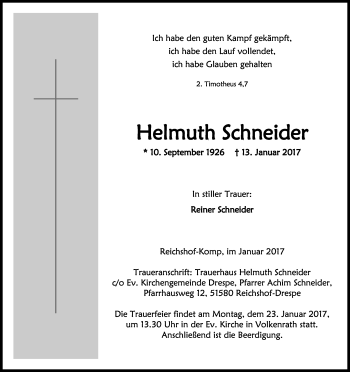 Anzeige von Helmuth Schneider von Kölner Stadt-Anzeiger / Kölnische Rundschau / Express