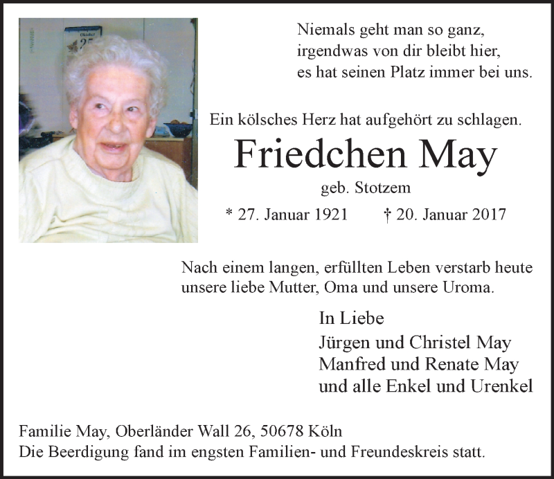  Traueranzeige für Friedchen May vom 01.02.2017 aus  Schlossbote/Werbekurier 