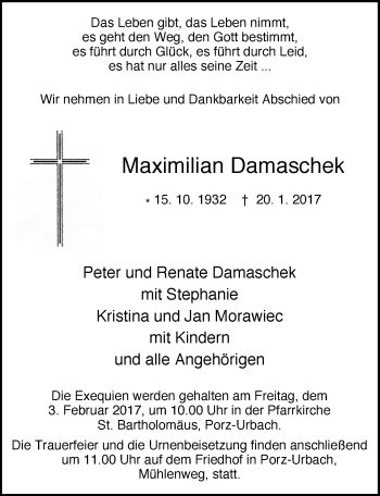 Anzeige von Maximilian Damaschek von  Kölner Wochenspiegel 