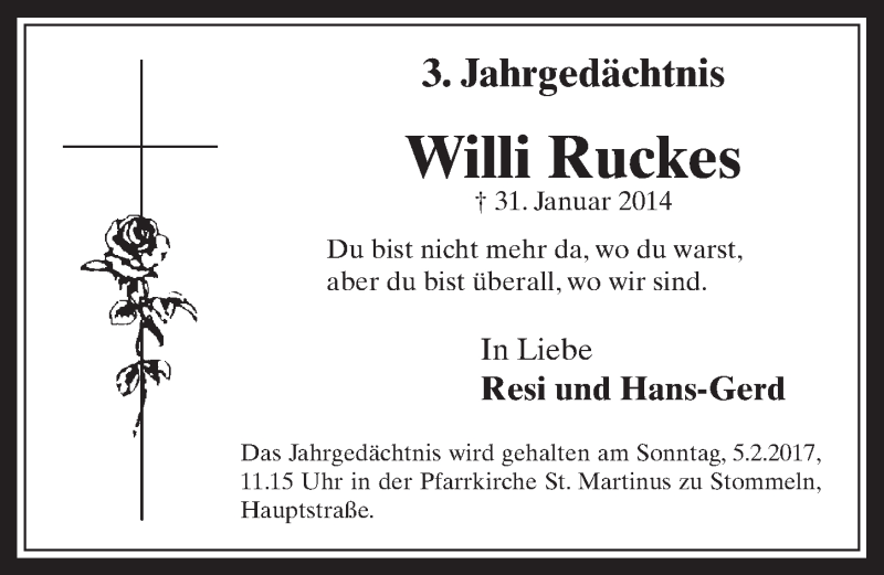  Traueranzeige für Willi Ruckes vom 01.02.2017 aus  Wochenende 