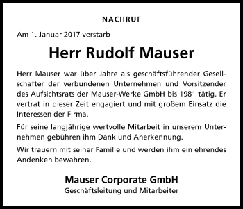 Anzeige von Rudolf Mauser von Kölner Stadt-Anzeiger / Kölnische Rundschau / Express