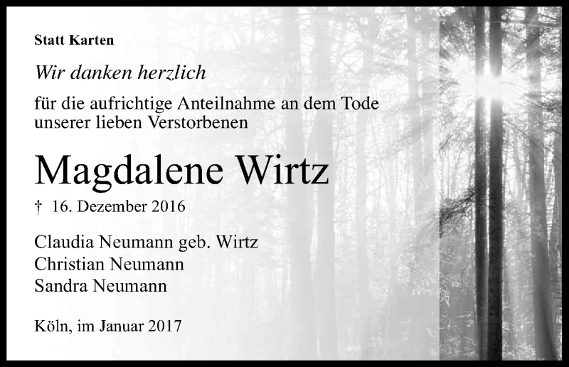  Traueranzeige für Magdalene Wirtz vom 07.01.2017 aus Kölner Stadt-Anzeiger / Kölnische Rundschau / Express