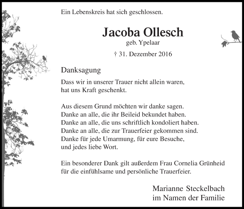  Traueranzeige für Jacoba Ollesch vom 25.01.2017 aus  Lokalanzeiger 