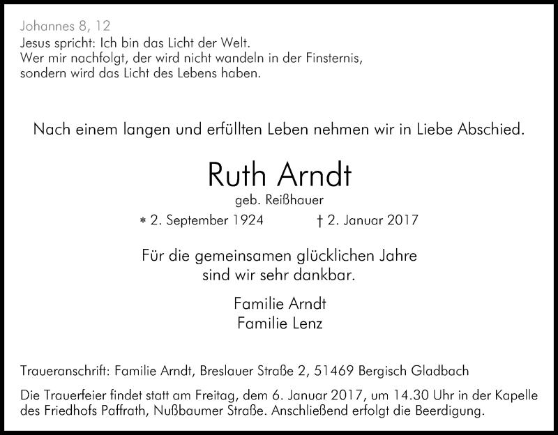  Traueranzeige für Ruth Arndt vom 04.01.2017 aus Kölner Stadt-Anzeiger / Kölnische Rundschau / Express