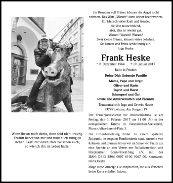 Anzeige von Frank Heske von Kölner Stadt-Anzeiger / Kölnische Rundschau / Express