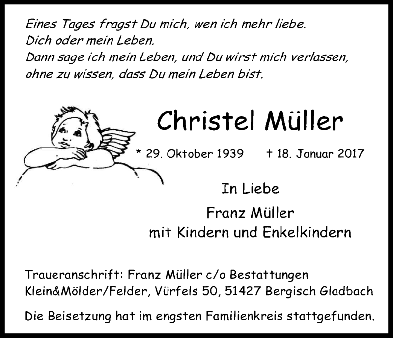  Traueranzeige für Christel Müller vom 28.01.2017 aus Kölner Stadt-Anzeiger / Kölnische Rundschau / Express