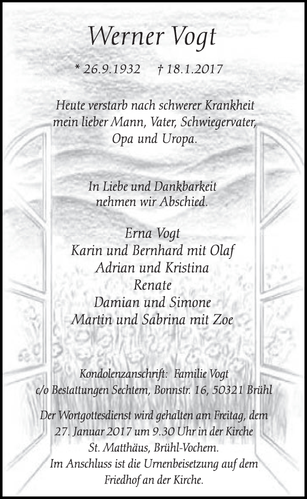  Traueranzeige für Werner Vogt vom 25.01.2017 aus  Schlossbote/Werbekurier 