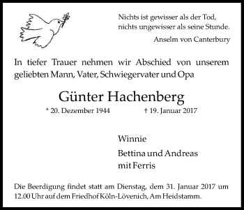 Anzeige von Günter Hachenberg von Kölner Stadt-Anzeiger / Kölnische Rundschau / Express