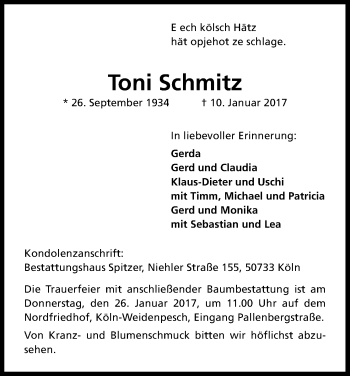 Anzeige von Toni Schmitz von Kölner Stadt-Anzeiger / Kölnische Rundschau / Express