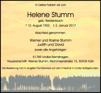 Anzeige von Helene Stumm von Kölner Stadt-Anzeiger / Kölnische Rundschau / Express