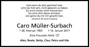 Anzeige von Caro Müller-Surbach von Kölner Stadt-Anzeiger / Kölnische Rundschau / Express