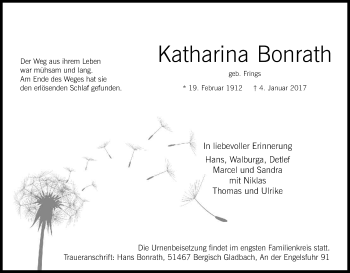 Anzeige von Katharina Bonrath von Kölner Stadt-Anzeiger / Kölnische Rundschau / Express
