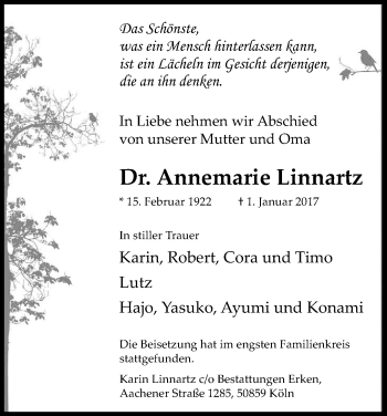 Anzeige von Annemarie Linnartz von Kölner Stadt-Anzeiger / Kölnische Rundschau / Express