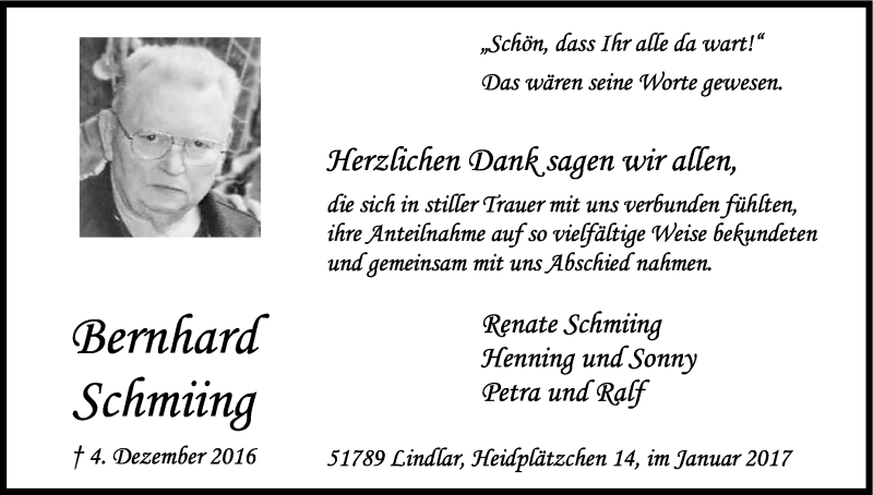  Traueranzeige für Bernhard Schmiing vom 21.01.2017 aus Kölner Stadt-Anzeiger / Kölnische Rundschau / Express