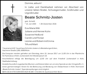 Anzeige von Beate Schmitz-Josten von Kölner Stadt-Anzeiger / Kölnische Rundschau / Express