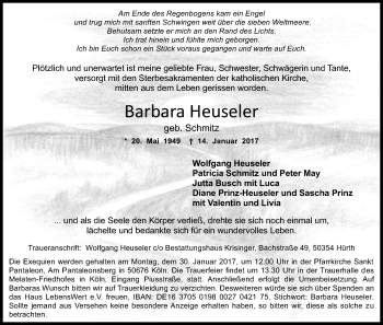 Anzeige von Barbara Heuseler von Kölner Stadt-Anzeiger / Kölnische Rundschau / Express