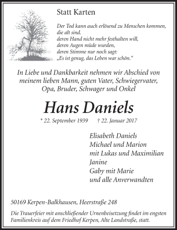 Anzeige von Hans Daniels von  Sonntags-Post 