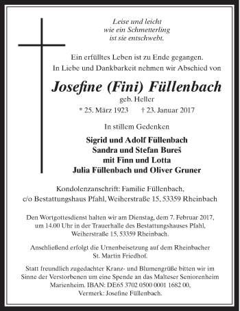 Anzeige von Josefine Fini Füllenbach von  Schaufenster/Blickpunkt 