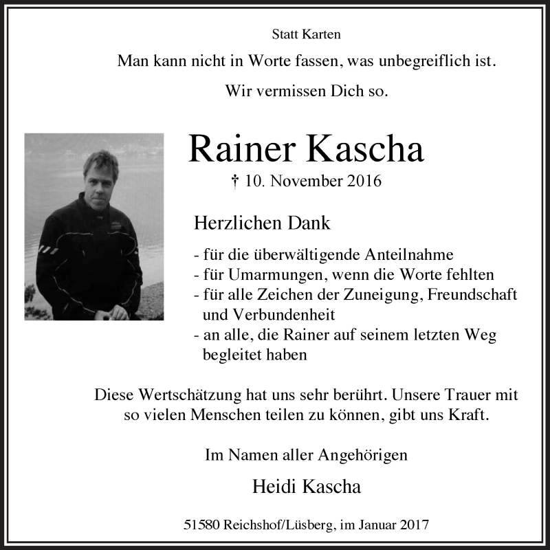  Traueranzeige für Rainer Kascha vom 11.01.2017 aus  Lokalanzeiger 