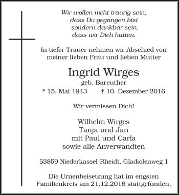 Anzeige von Ingrid Wirges von  Extra Blatt 