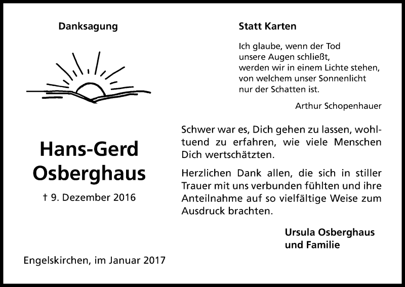 Traueranzeige für Hans-Gerd Osberghaus vom 13.01.2017 aus Kölner Stadt-Anzeiger / Kölnische Rundschau / Express