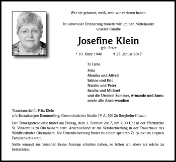 Anzeige von Josefine Klein von Kölner Stadt-Anzeiger / Kölnische Rundschau / Express
