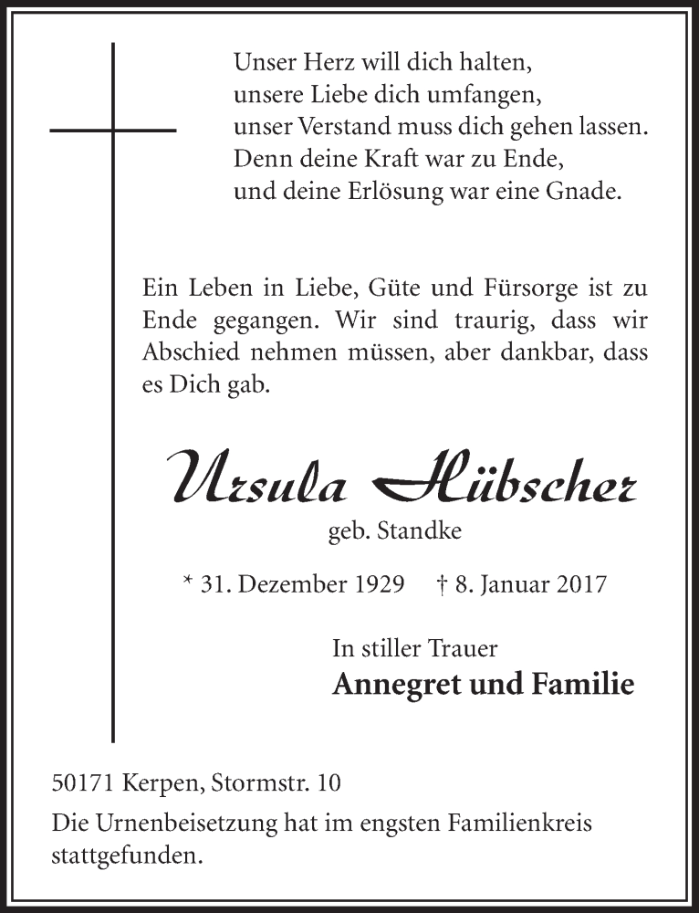  Traueranzeige für Ursula Hübscher vom 21.01.2017 aus  Sonntags-Post 