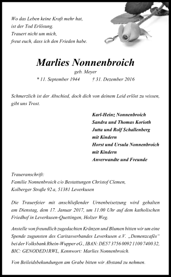 Anzeige von Marlies Nonnenbroich von Kölner Stadt-Anzeiger / Kölnische Rundschau / Express