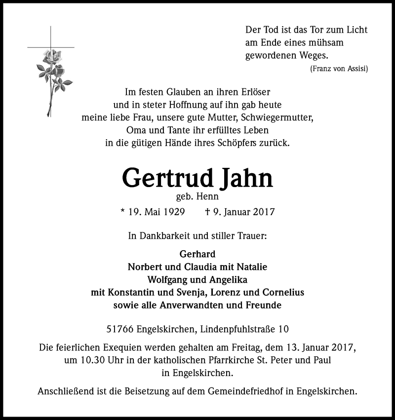  Traueranzeige für Gertrud Jahn vom 10.01.2017 aus Kölner Stadt-Anzeiger / Kölnische Rundschau / Express