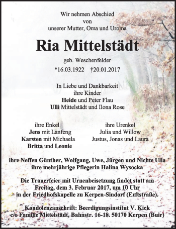 Anzeige von Ria Mittelstädt von  Sonntags-Post 