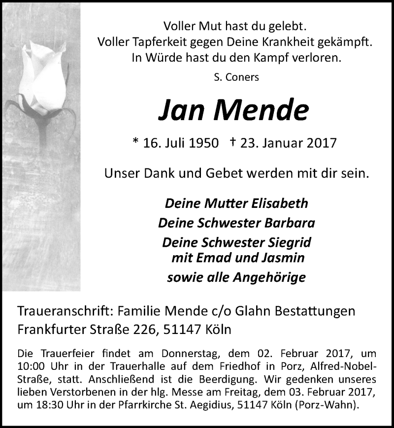  Traueranzeige für Jan Mende vom 01.02.2017 aus  Kölner Wochenspiegel 