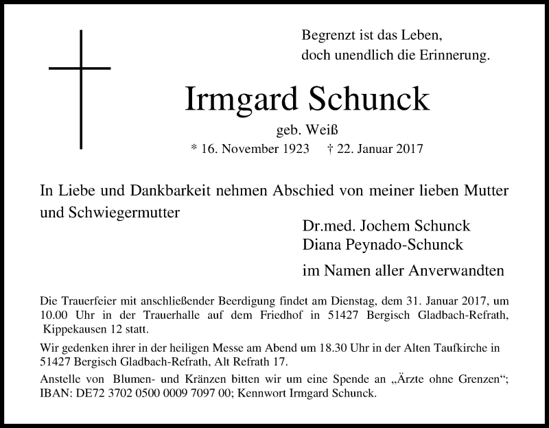  Traueranzeige für Irmgard Schunck vom 28.01.2017 aus Kölner Stadt-Anzeiger / Kölnische Rundschau / Express