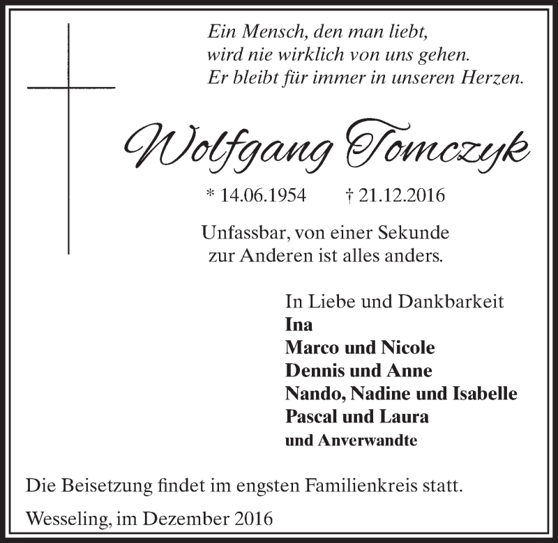  Traueranzeige für Wolfgang Tomczyk vom 04.01.2017 aus  Schlossbote/Werbekurier 