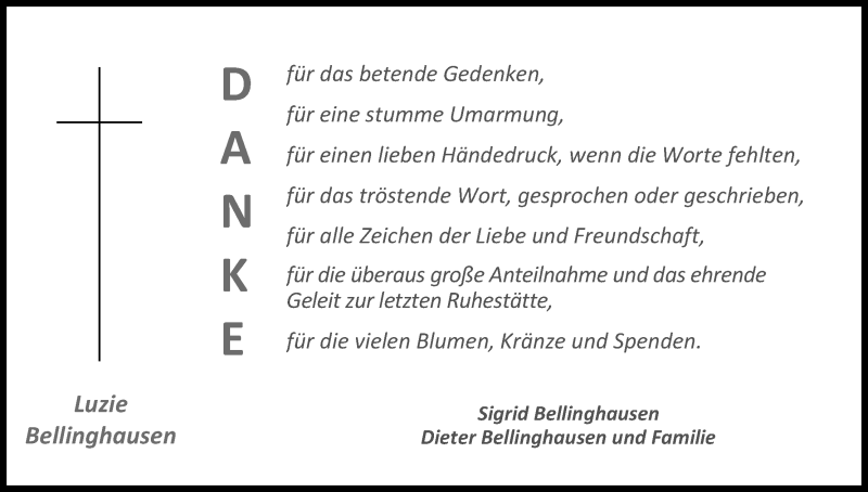  Traueranzeige für Luzie Bellinghausen vom 19.01.2017 aus Kölner Stadt-Anzeiger / Kölnische Rundschau / Express
