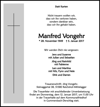 Anzeige von Manfred Vongehr von Kölner Stadt-Anzeiger / Kölnische Rundschau / Express